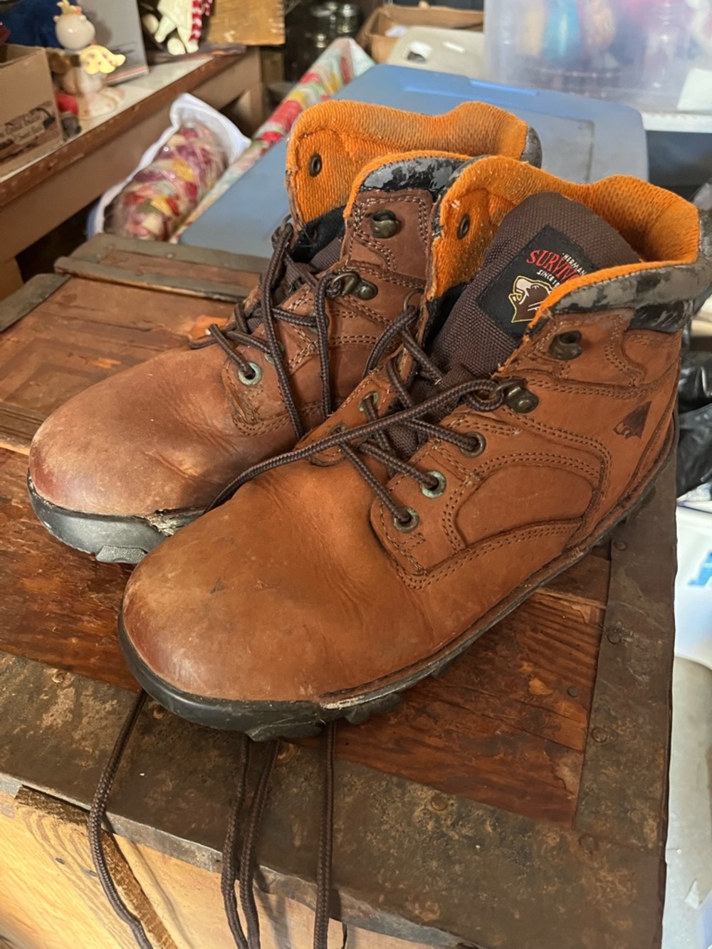 Survivor Men's Brown Leather Lace-Up Work Boots with Orange Collar